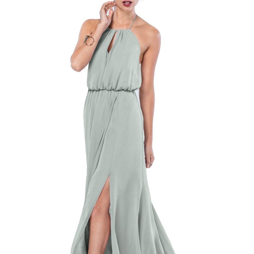 Style 307 stop bridesmaid dress in light green.